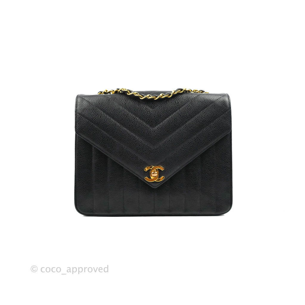 Chanel Vintage Chevron Envelope Flap Bag Black Caviar 24K Gold Hardware
