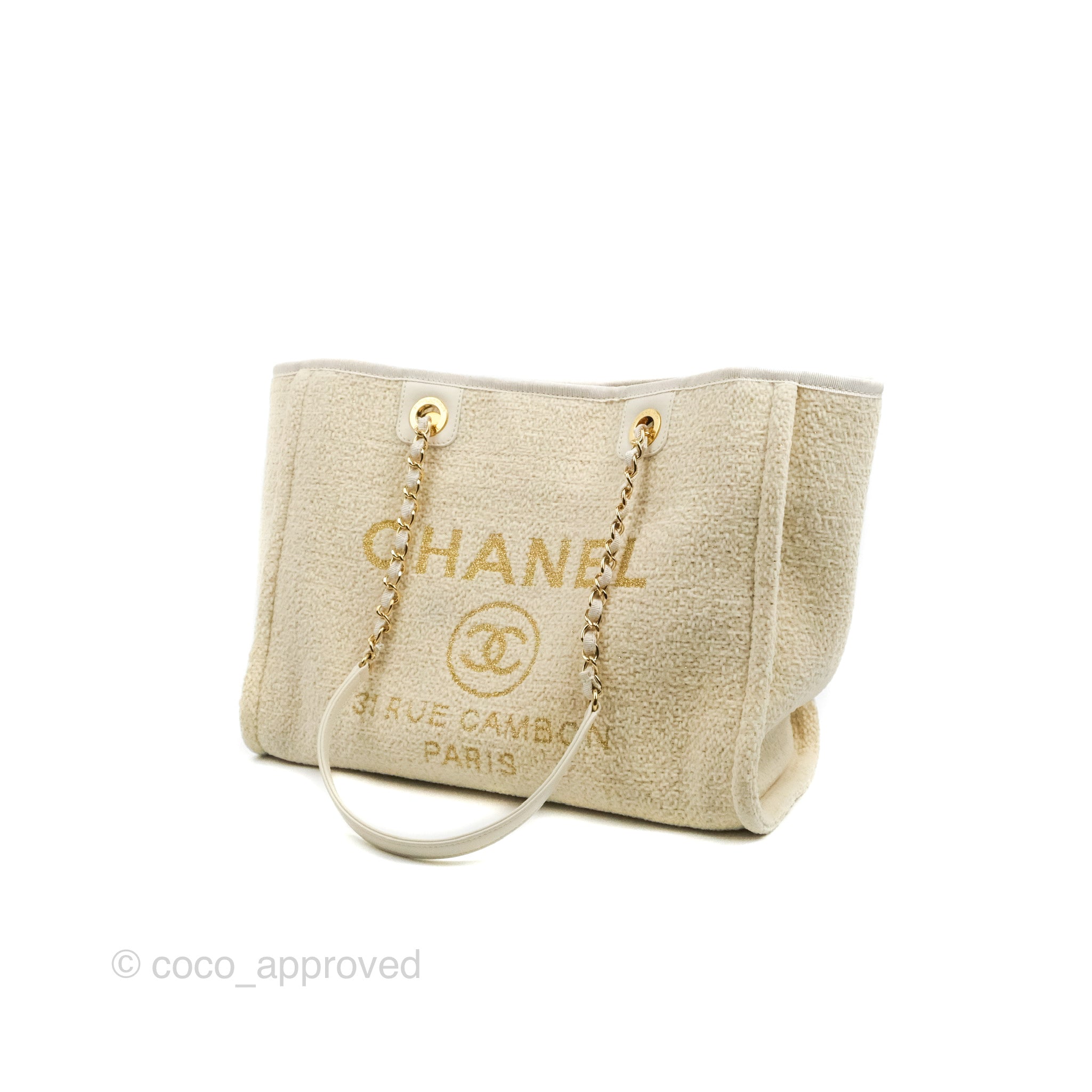 Chanel Beige Woven Straw Deauville Tote Bag with Gold Hardware
