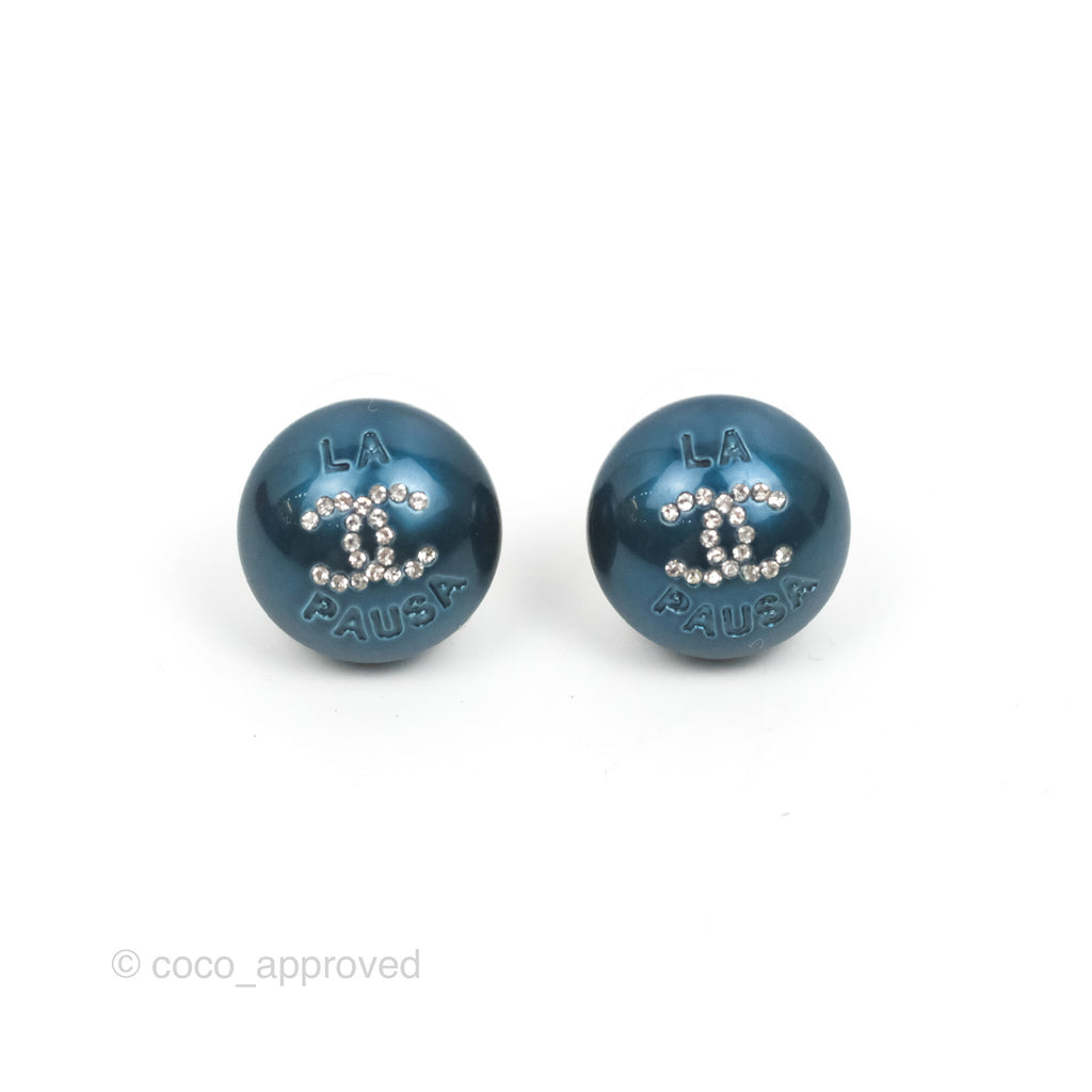 Chanel Crystal CC Blue Sphere Earrings Gold Tone 19C