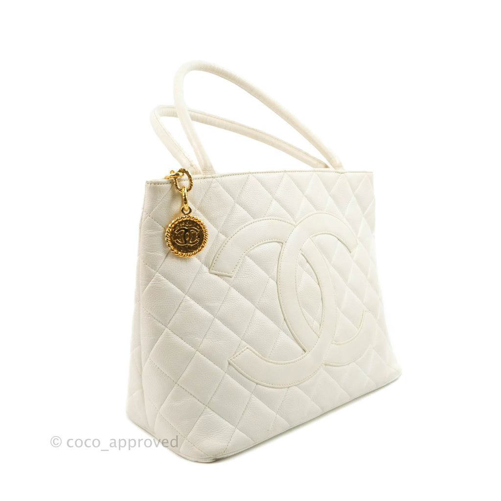 Chanel Vintage Medallion CC White Caviar Tote Bag Gold Hardware