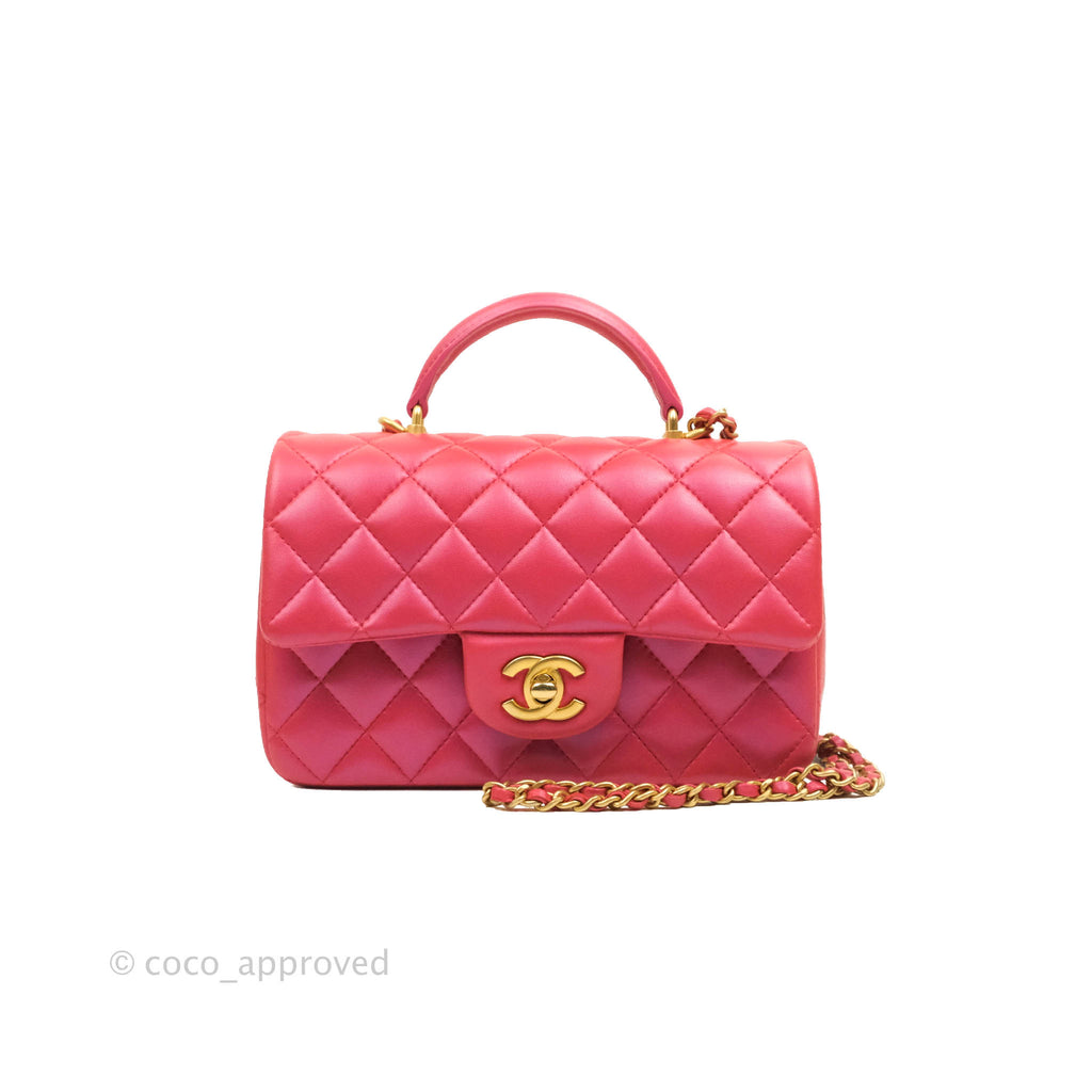 Chanel Top Handle Mini Rectangular Flap Bag Iridescent Red Lambskin Gold Hardware