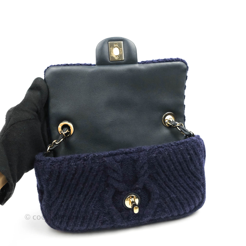 Chanel Mini Rectangular Flap Navy Blue Cable Knit Gold Hardware