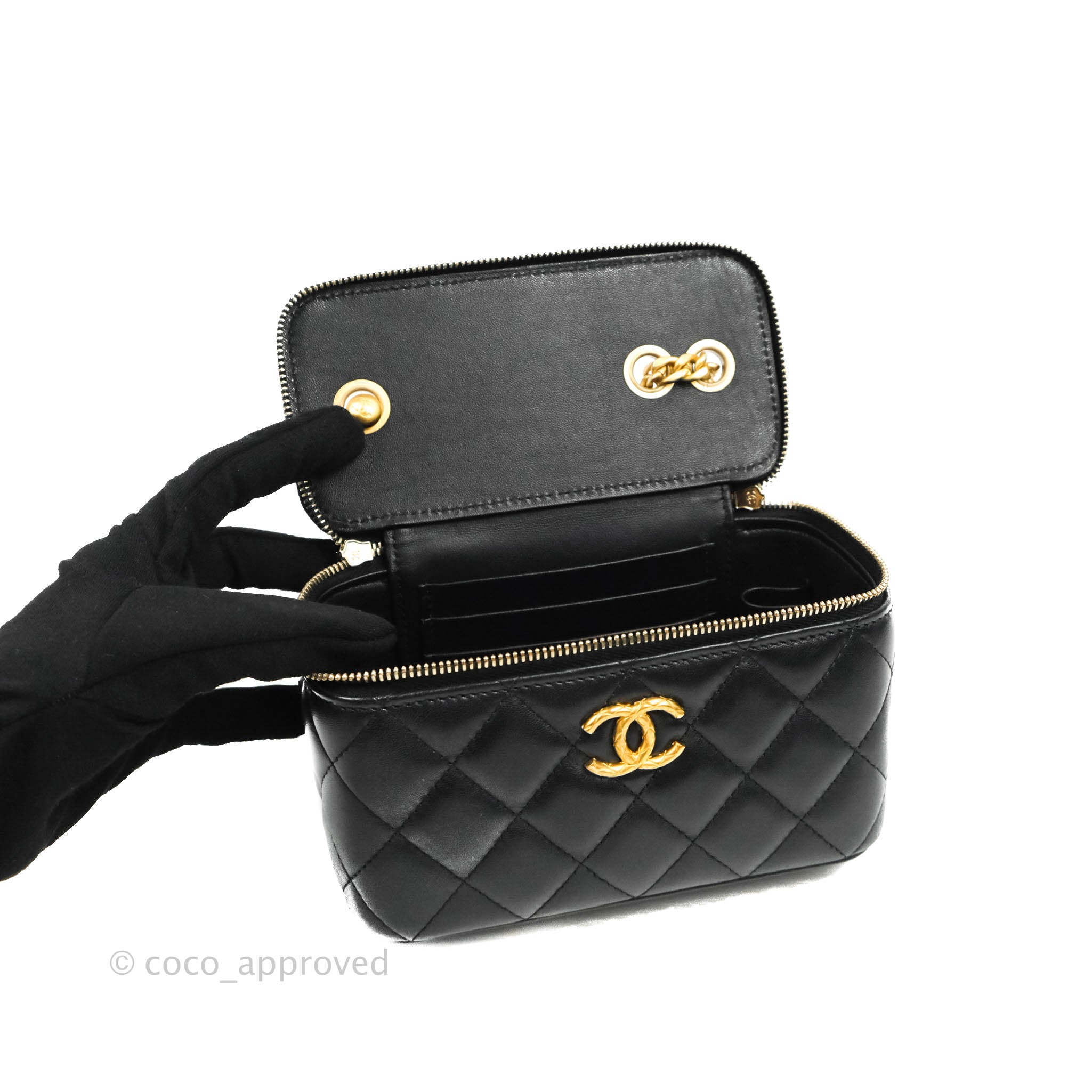 Chanel Vanity with Adjustable Chain Black Lambskin Aged Gold Hardware –  Coco Approved Studio