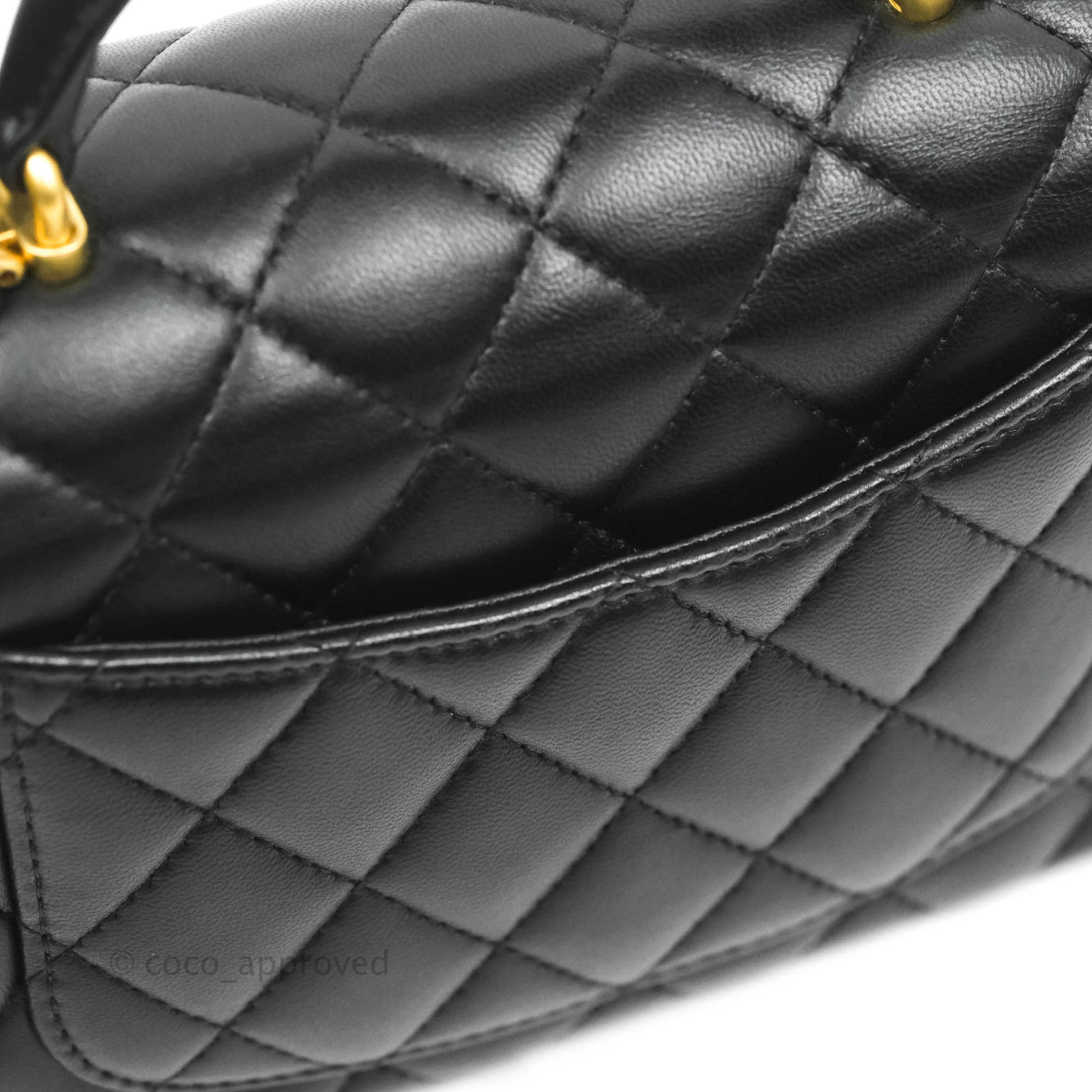 Small flap bag with top handle, Tweed, lambskin & gold metal, black