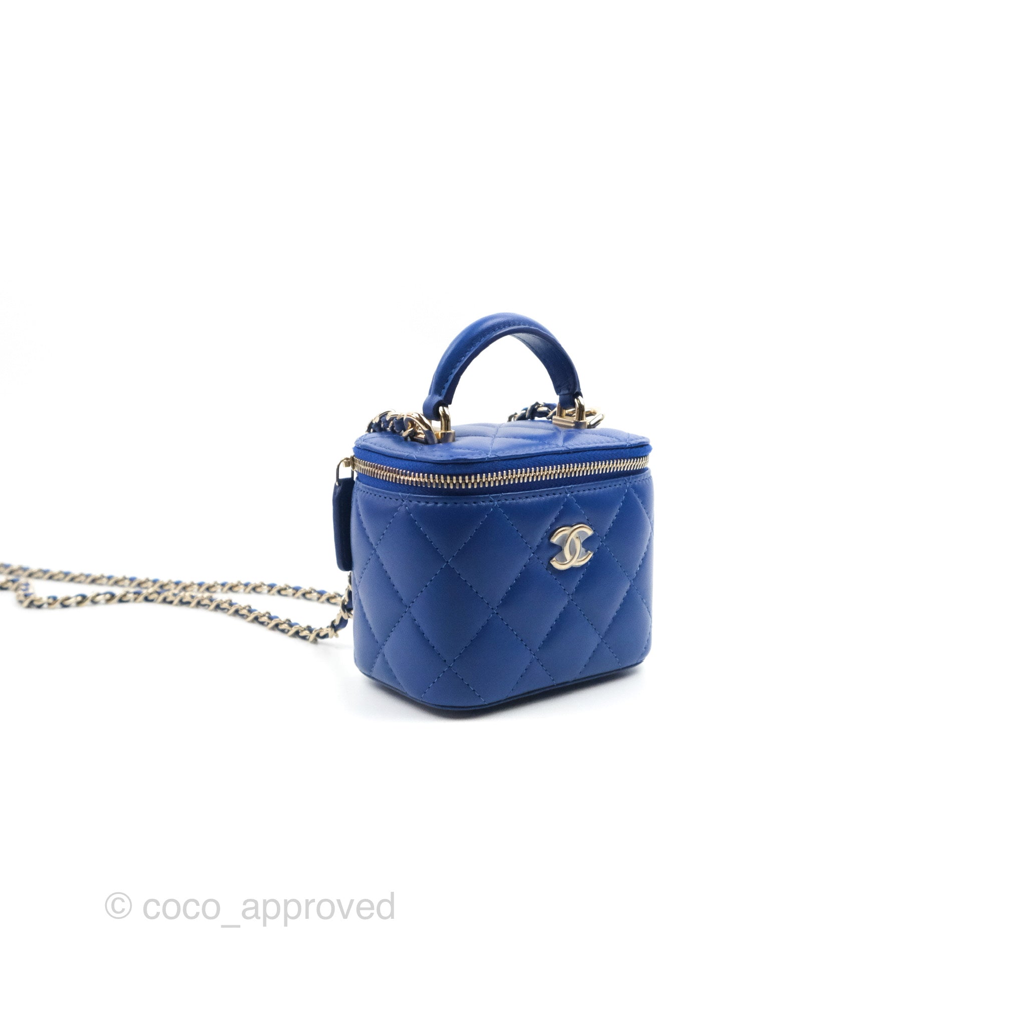 Chanel Mini Top Handle Vanity With Chain Blue Lambskin Gold Hardware – Coco  Approved Studio