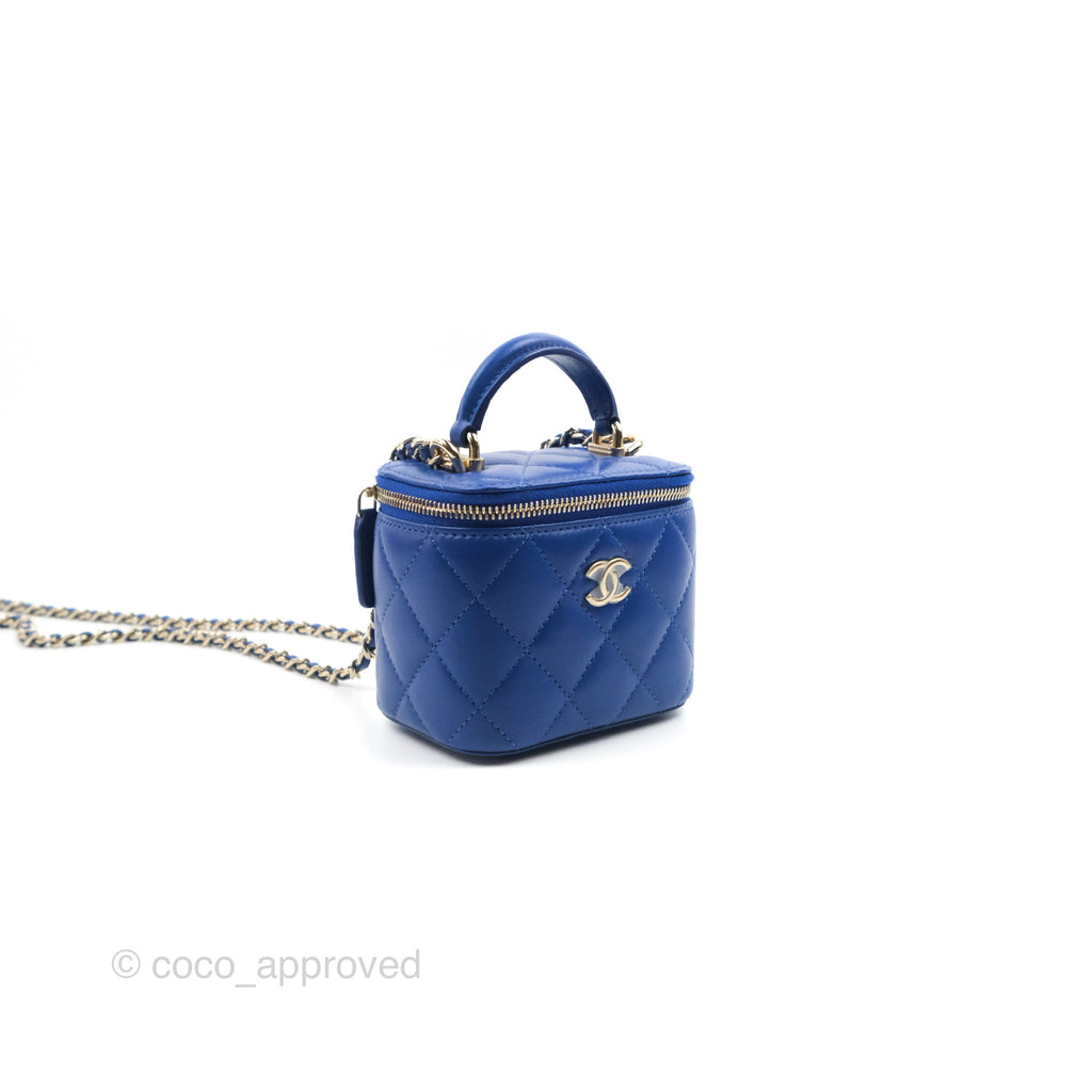 Chanel Mini Top Handle Vanity With Chain Blue Lambskin Gold Hardware