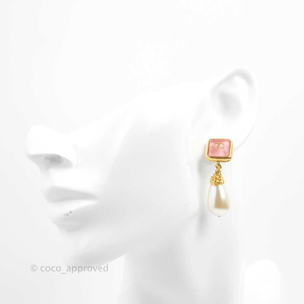 Chanel Pink Resin CC Drop Pearl Earrings Gold Tone 20K