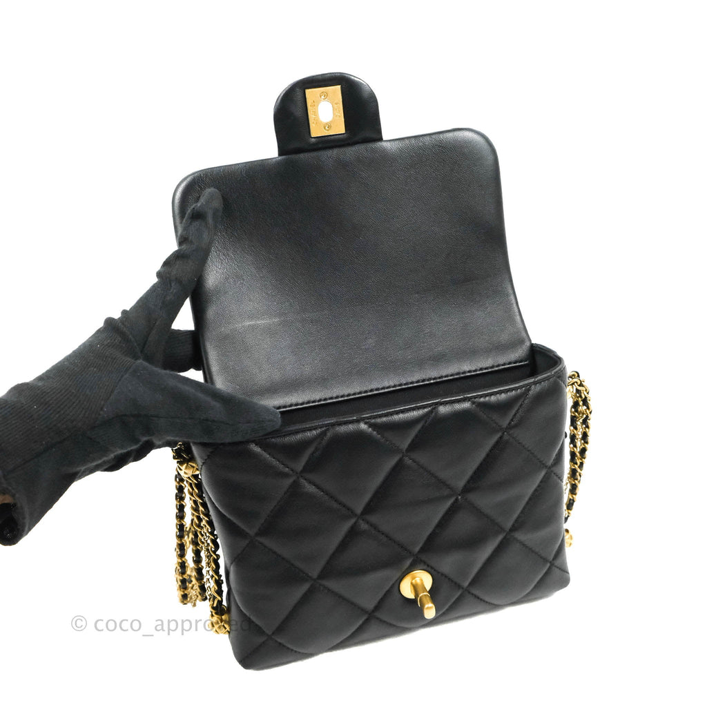 Chanel Mini Flap Bag With Pearl And Woven Chain CC Logo Black Lambskin Aged Gold Hardware 21B