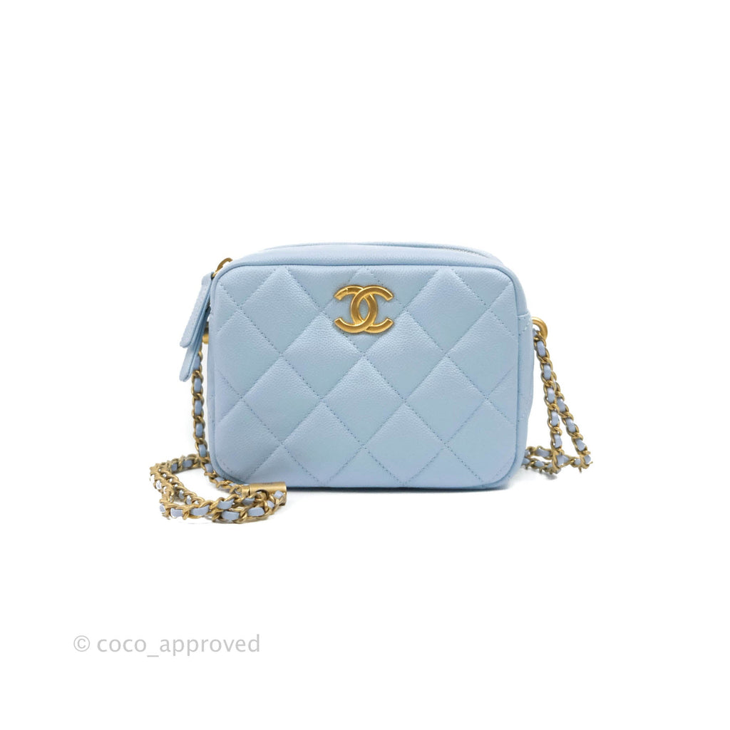 Chanel Quilted My Perfect Camera Case Iridescent Blue Caviar Aged Gold Hardware