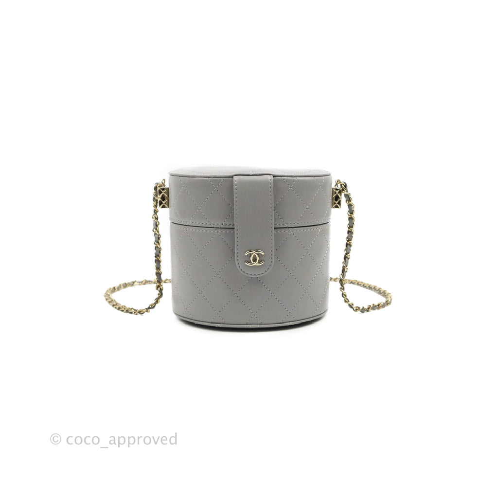 Chanel Quilted Round Vanity Clutch With Chain Grey Lambskin Gold Hardware