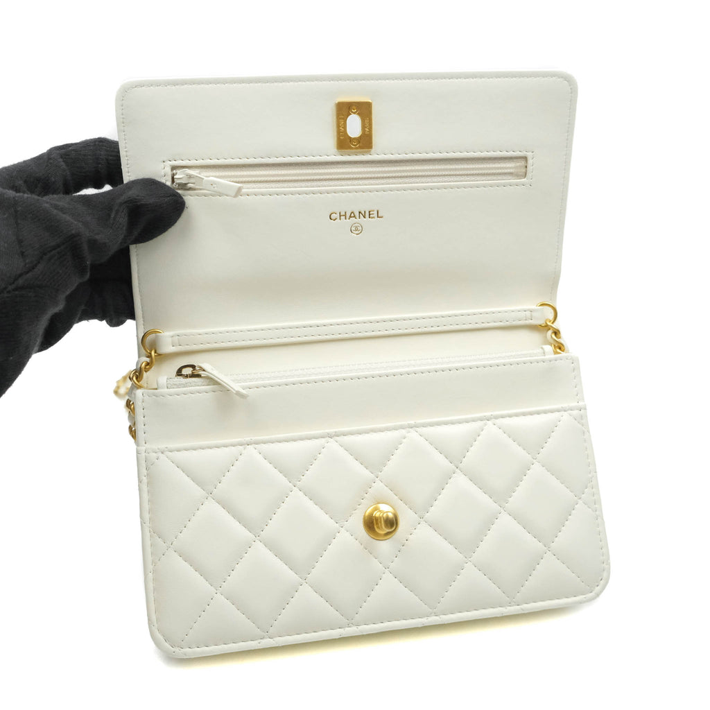 Chanel Quilted Pearl Crush Wallet on Chain WOC White Lambskin Aged Gold Hardware