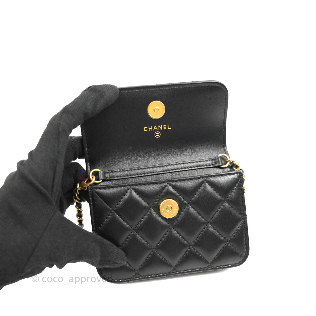 Chanel Mini Pearl Crush Clutch With Chain Black Lambskin Aged Gold Hardware