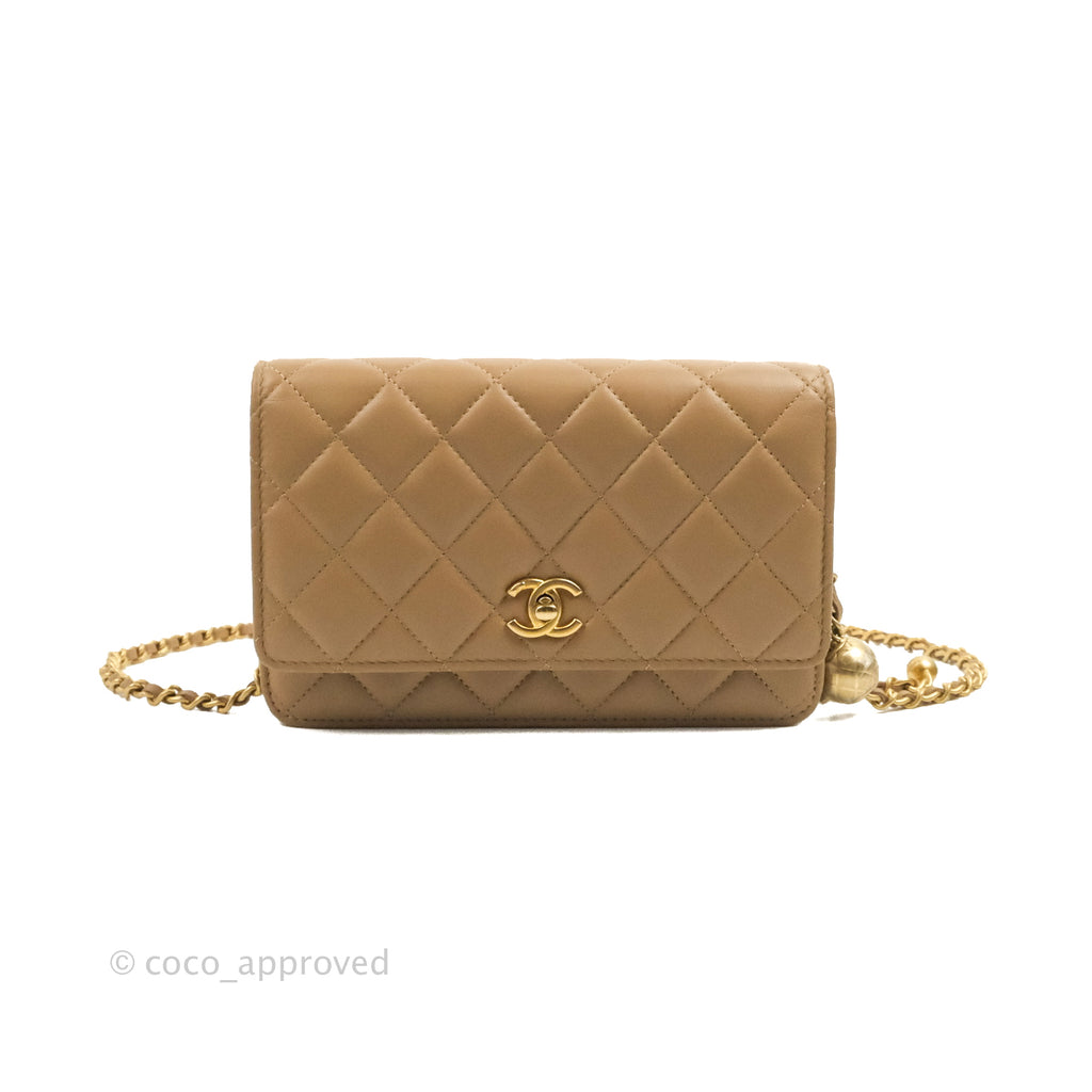 Chanel Quilted Pearl Crush Wallet on Chain WOC Beige Lambskin Aged Gold Hardware