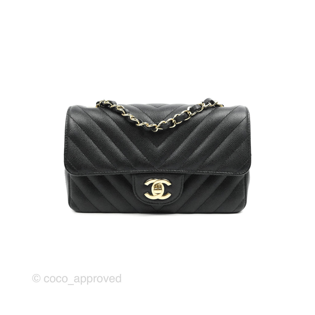 Chanel Chevron Mini Rectangular Flap Black Caviar Gold Hardware