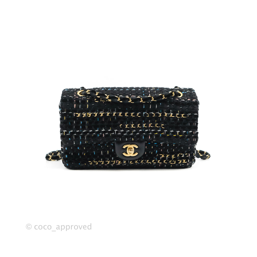 Chanel Medium Single Flap Black Tweed Chain Braid Aged Gold Hardware