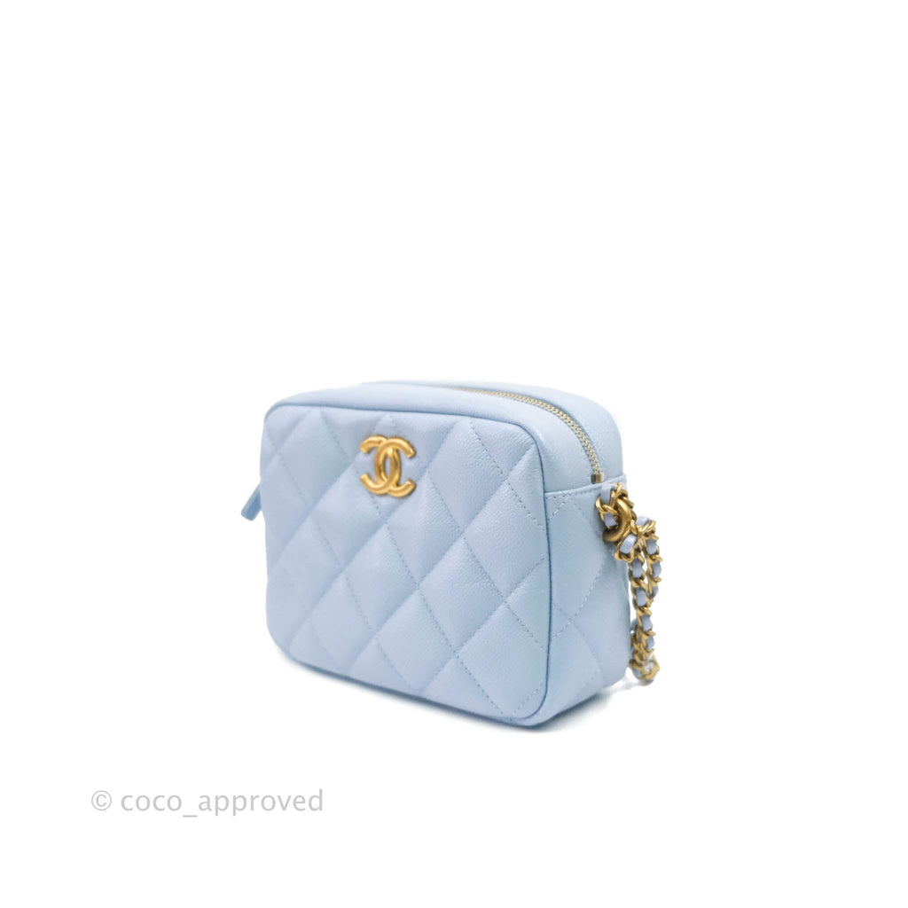 Chanel Quilted My Perfect Camera Case Iridescent Blue Caviar Aged Gold Hardware