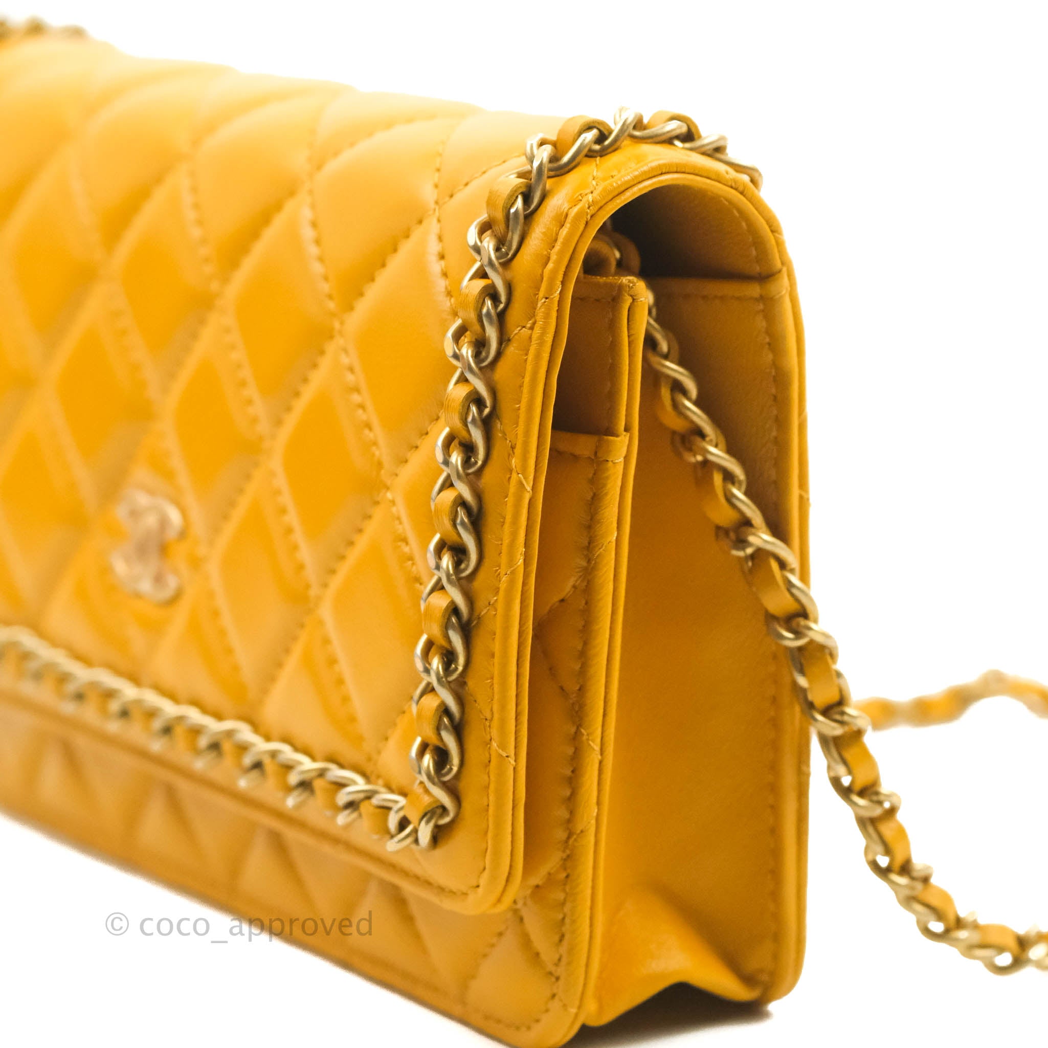 23S Iridescent Yellow Lambskin Quilted Wallet on Chain (WOC) Light Gold Hardware