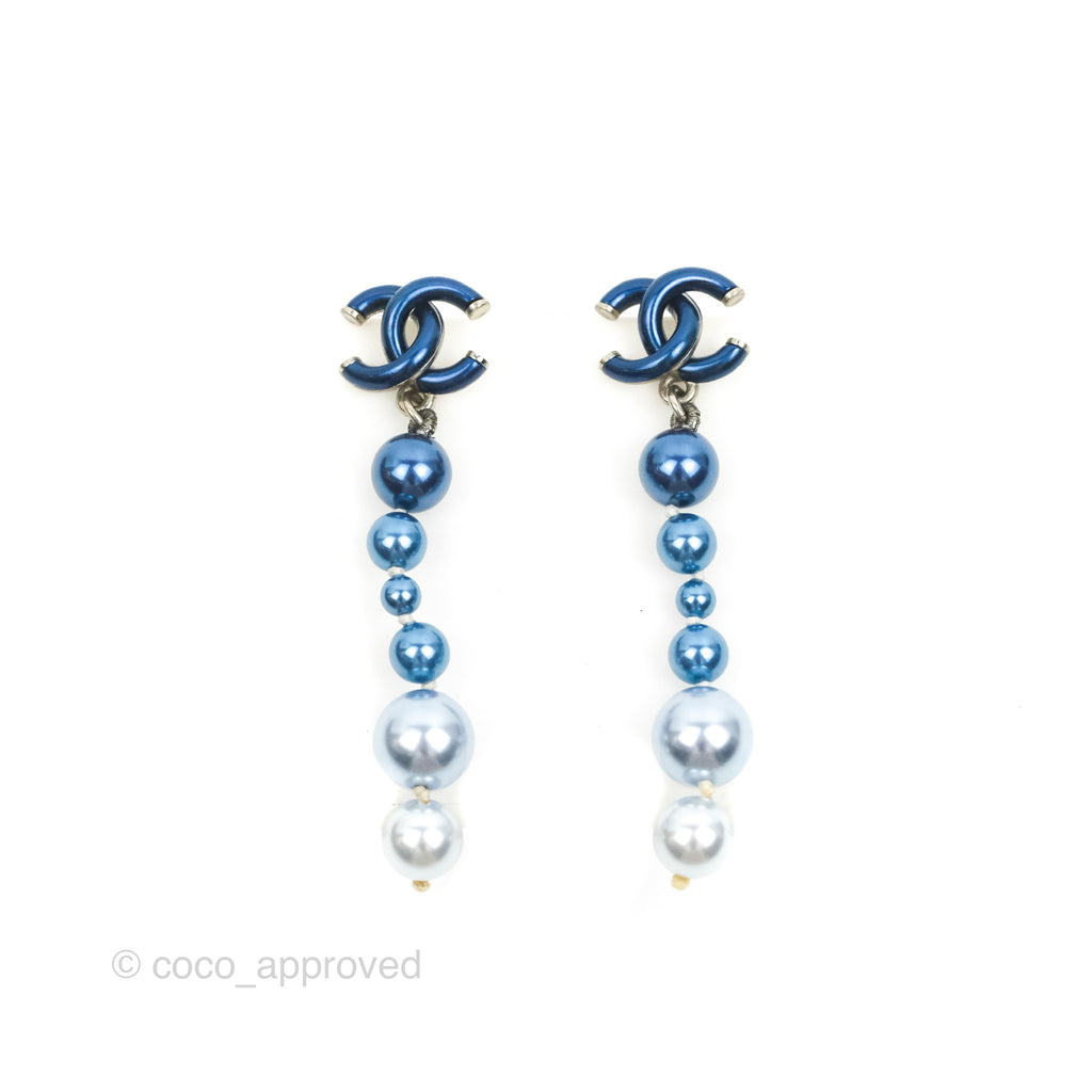 Chanel CC Blue Pearl Drop Earrings Silver Tone 18S