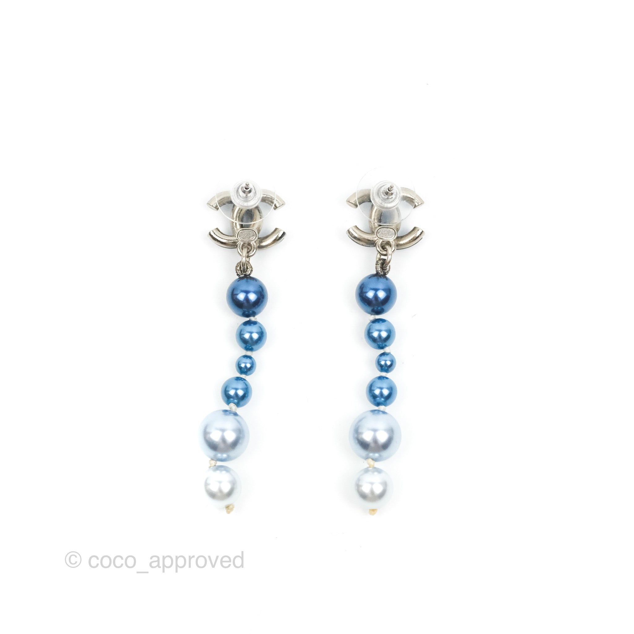 Chanel CC Blue Pearl Drop Earrings Silver Tone 18S – Coco Approved Studio