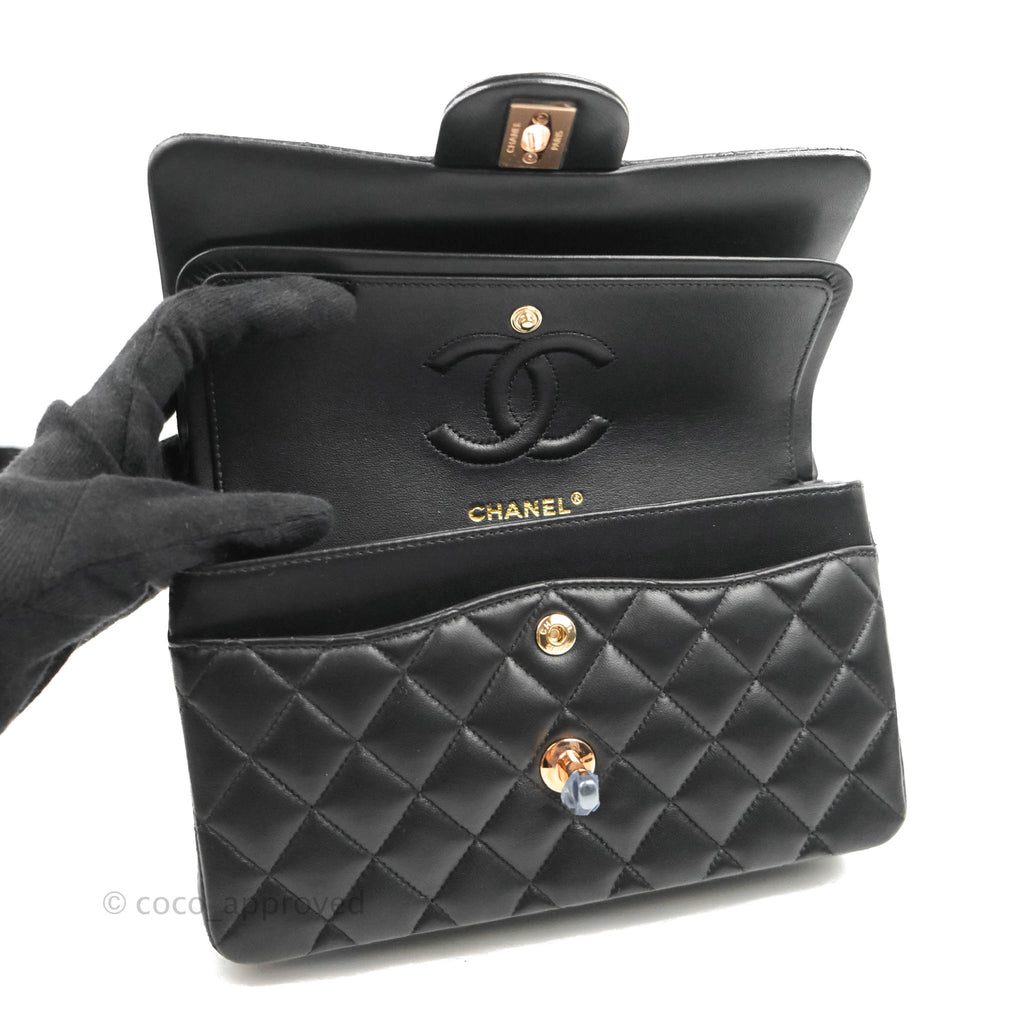 Chanel Classic Small S/M Flap Black Lambskin Rose Pink-Gold Hardware