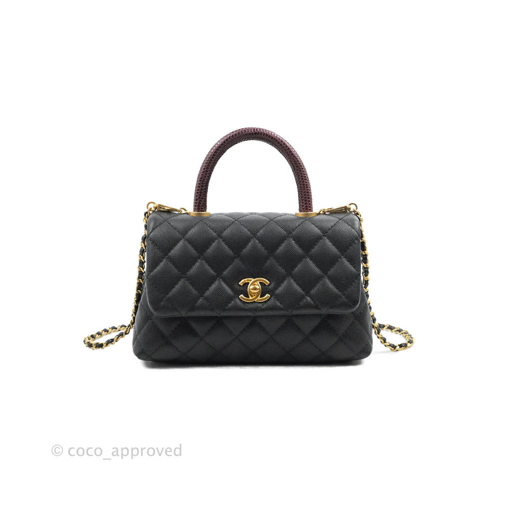 Chanel Small Coco Handle Quilted Black Caviar Aged Gold Hardware Lizard Handle