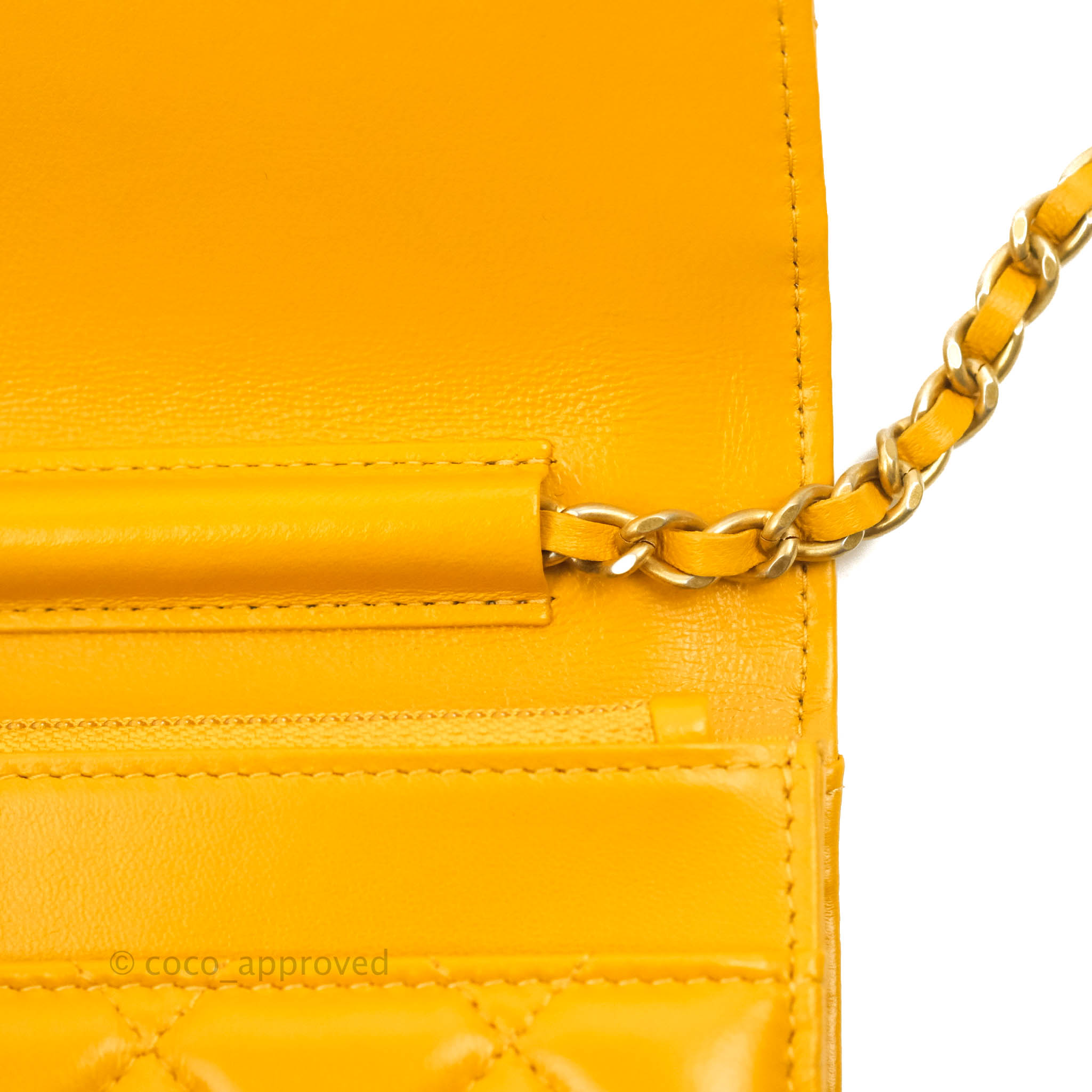 Chanel Quilted Classic Chain Around WOC Yellow Lambskin Aged Gold Hard –  Coco Approved Studio