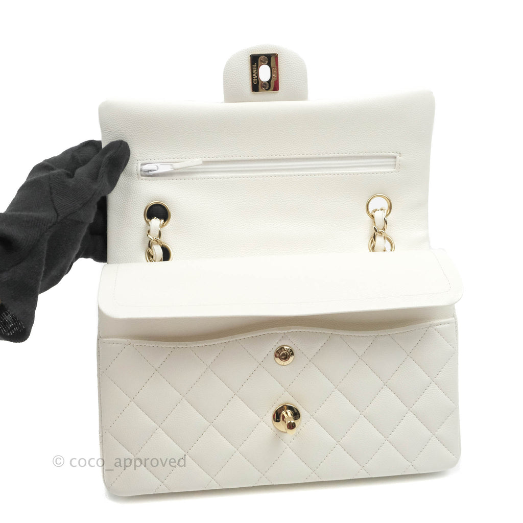 Chanel Small S/M Classic Quilted Flap White Caviar Gold Hardware