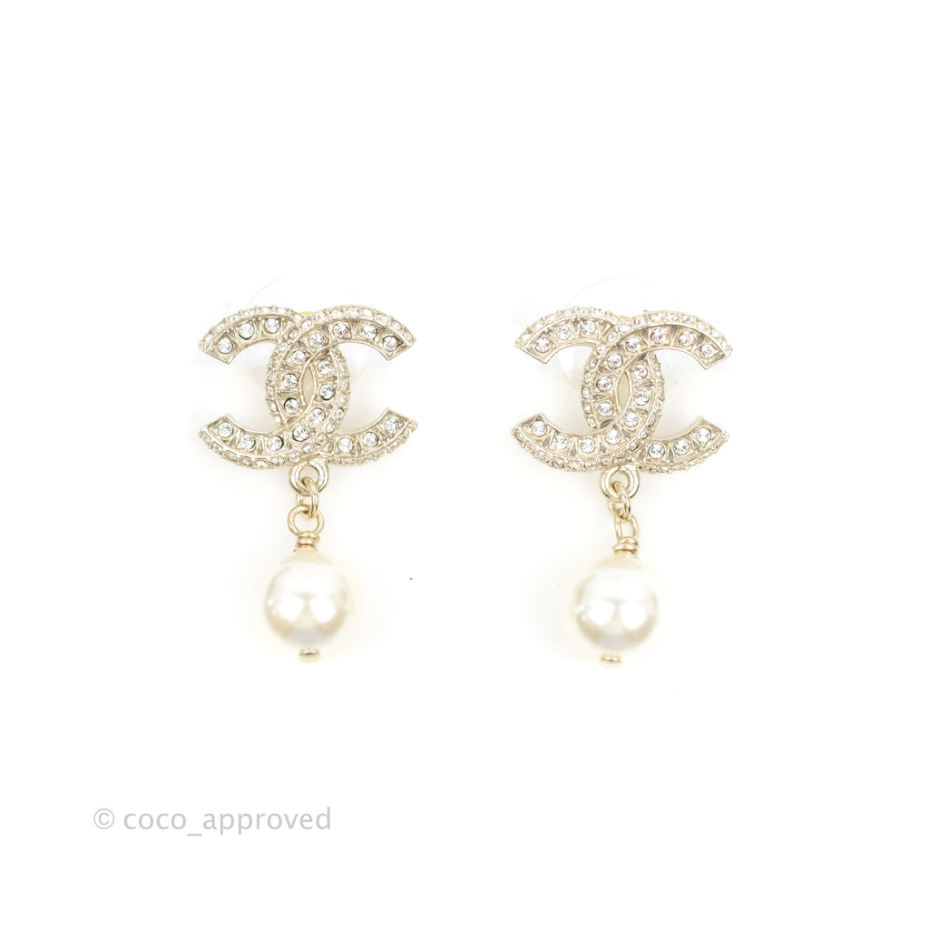 Chanel CC Crystal Pearl Drop Earrings Gold Tone 23V