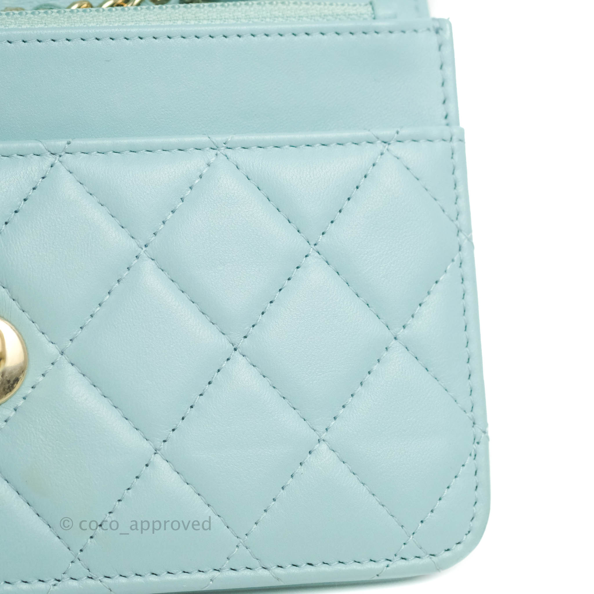 Chanel Trendy CC Quilted Wallet on Chain WOC Tiffany Blue Lambskin Gol – Coco  Approved Studio