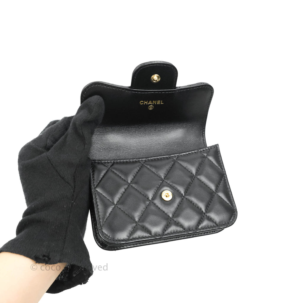Chanel Flap Coin Purse With Chain Black Lambskin Aged Gold Hardware