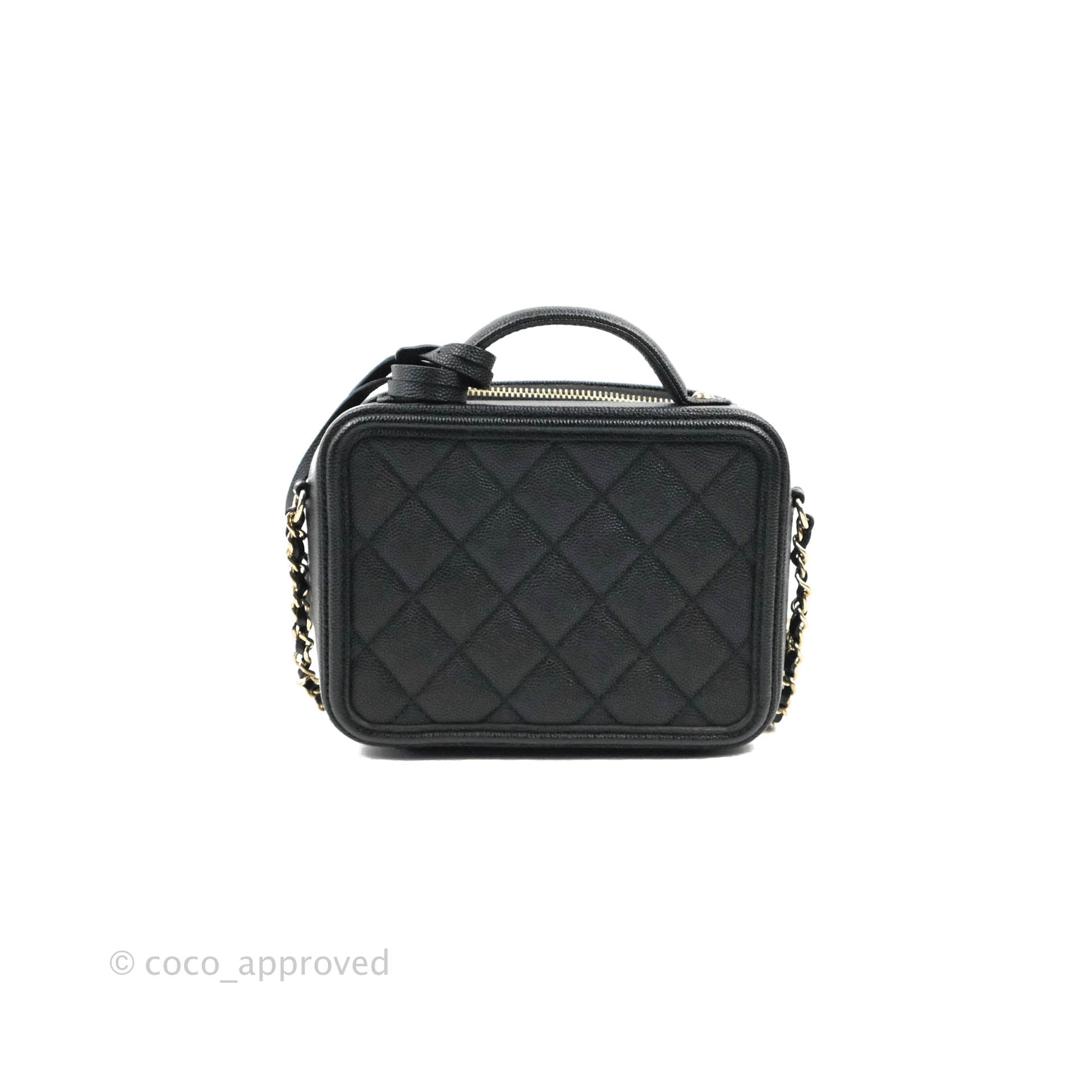 Chanel Quilted Small CC Filigree Vanity Case Black Caviar Gold