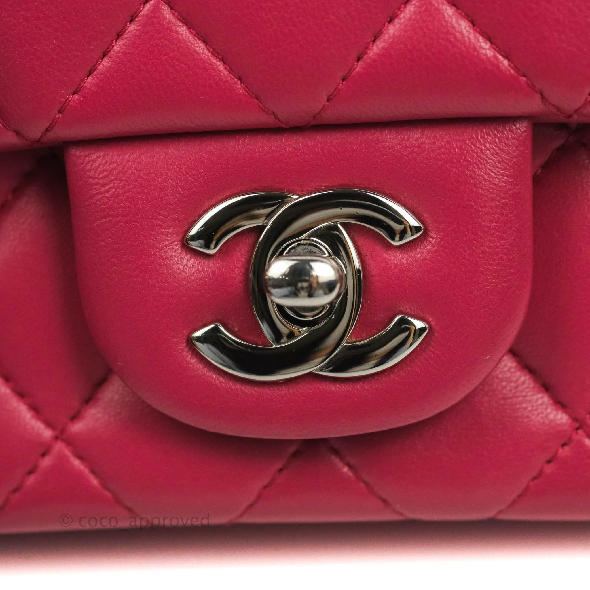 Chanel Quilted Mini Rectangular Flap Raspberry Pink Lambskin Silver Ha –  Coco Approved Studio