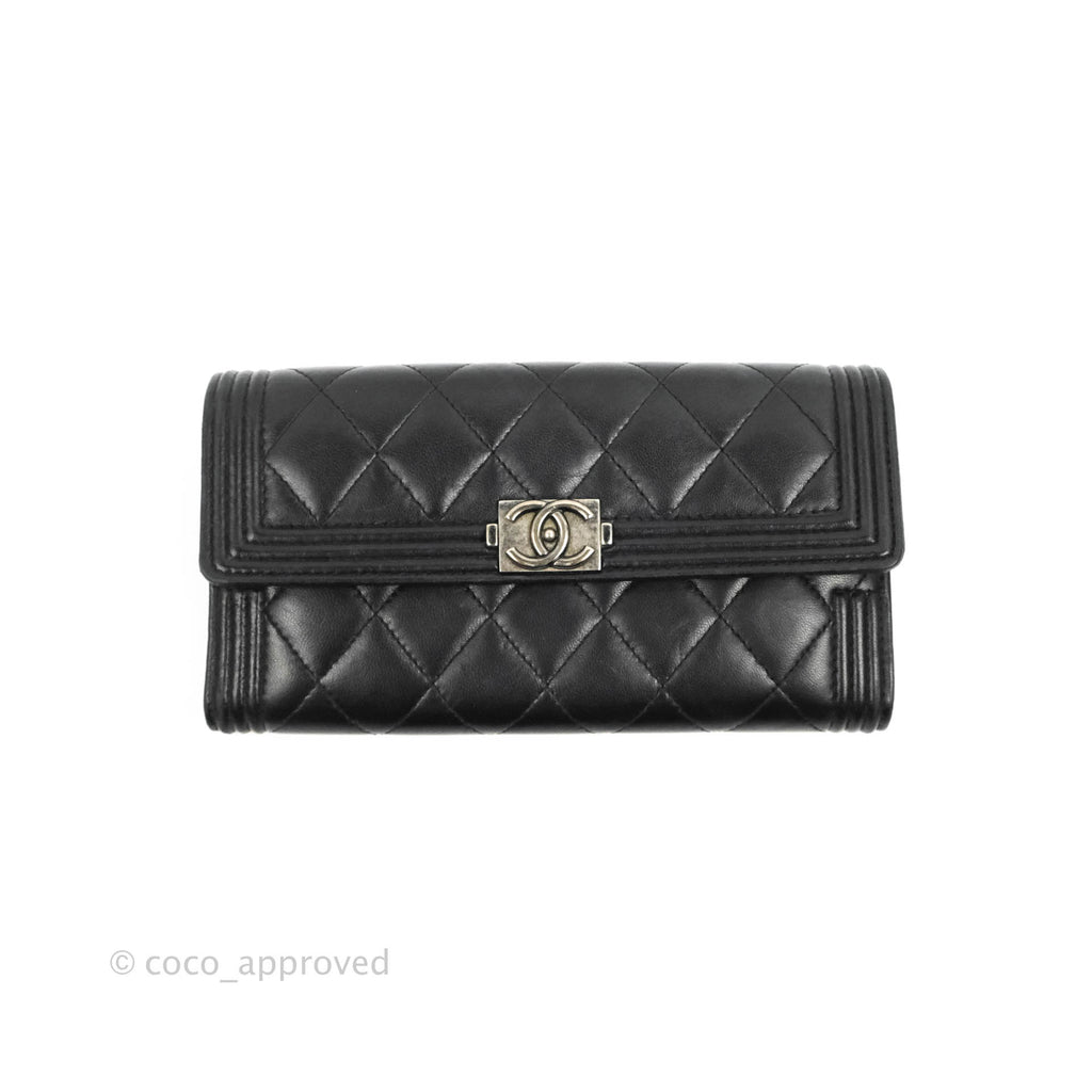 Chanel Quilted Boy Flap Long Wallet Black Lambskin Ruthentium Hardware