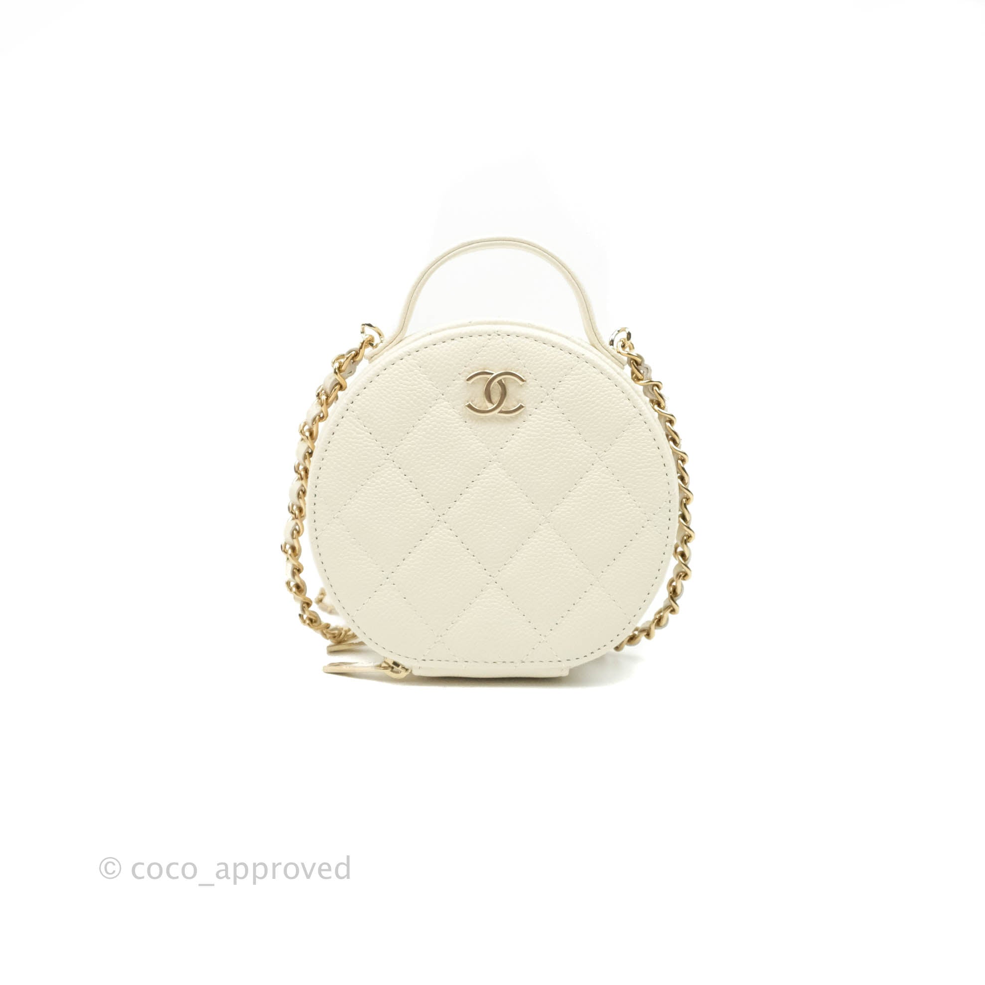Chanel Mini Round Vanity Bag with Handle Ivory Caviar Gold Hardware 22 –  Coco Approved Studio