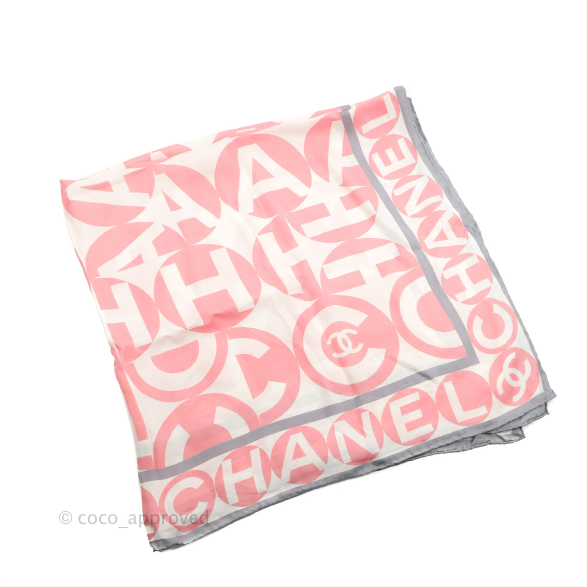 Chanel CC Silk Square Scarf 90 Grey/Pink/White