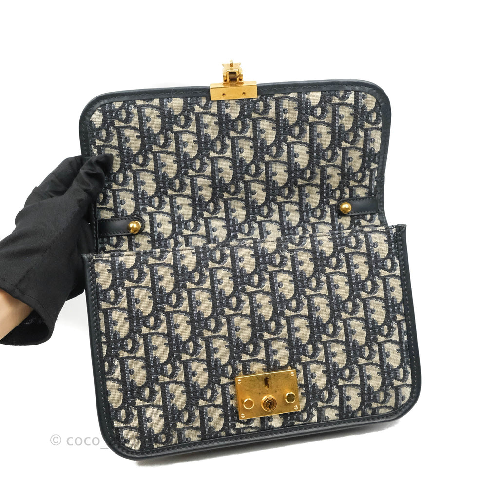 Christian Dior Oblique Small DiorAddict Flap Bag Navy Blue Aged Gold Hardware