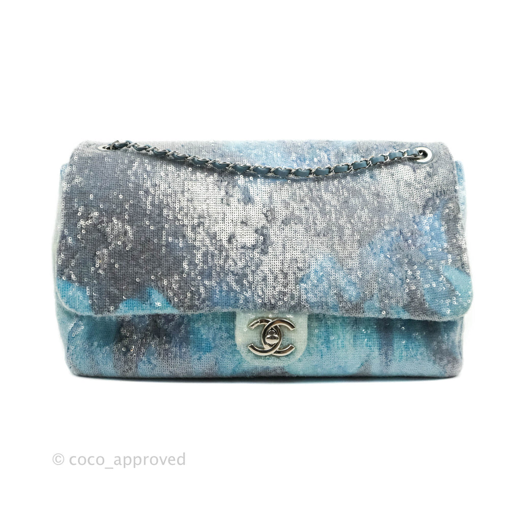 Chanel Large Sequin Waterfall Flap Bag Blue Silver Hardware