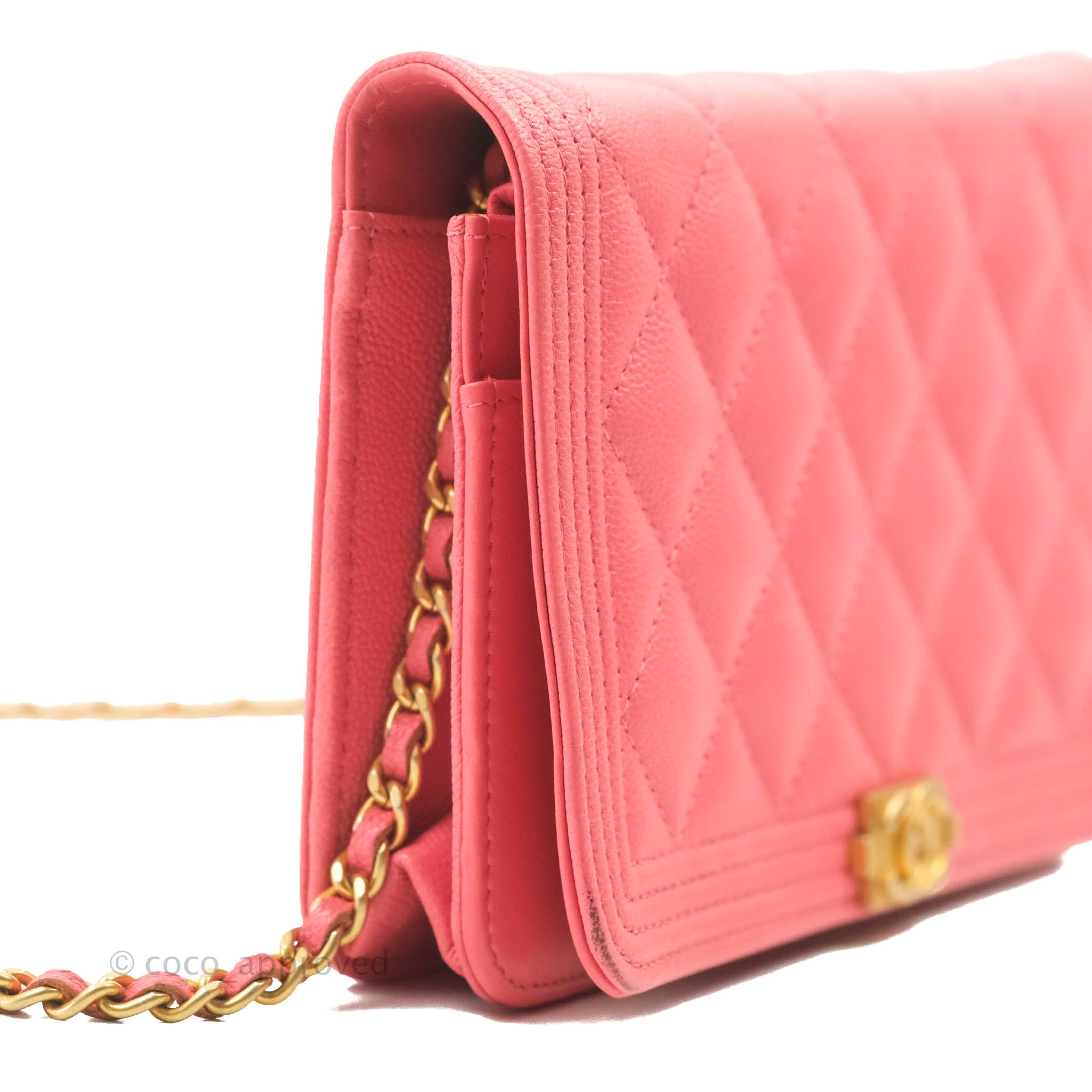 CHANEL Lambskin Quilted Boy Wallet On Chain WOC Pink 609823