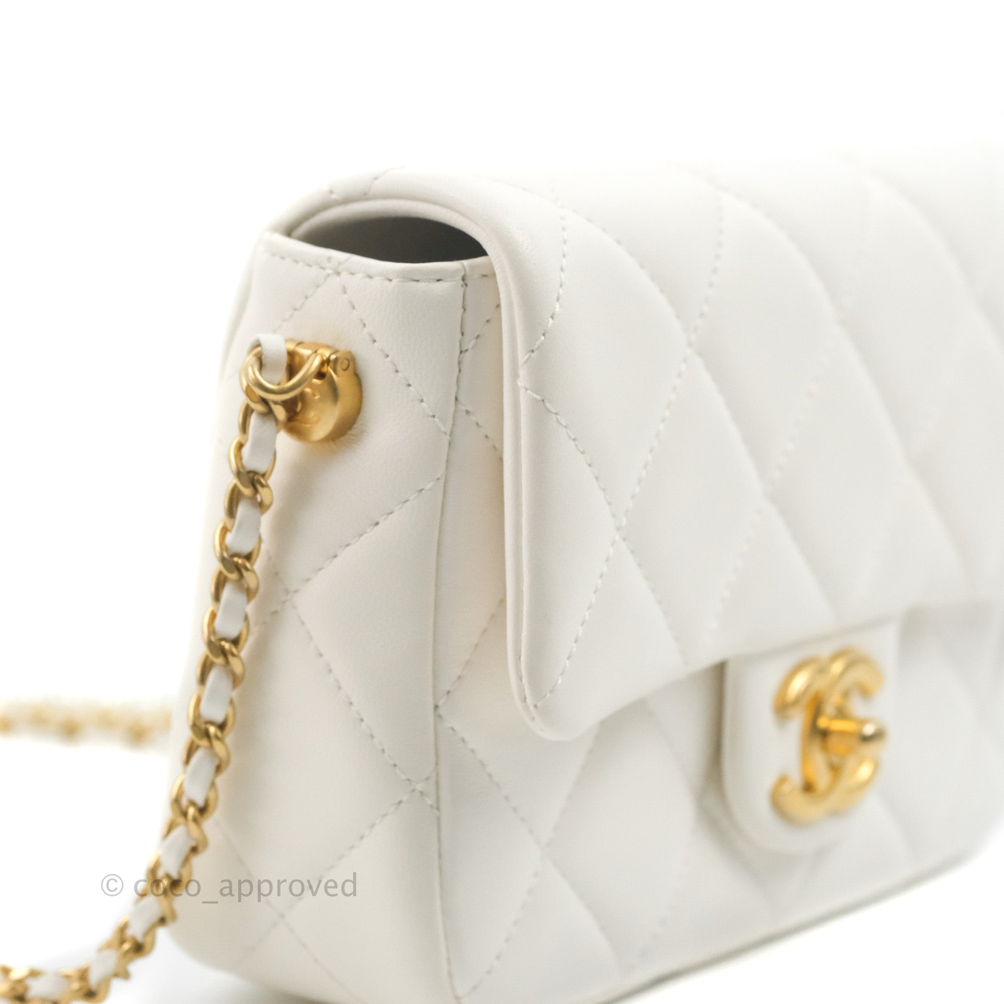 Chanel Quilted My Perfect Mini With Pearl White Lambskin Aged Gold Har –  Coco Approved Studio
