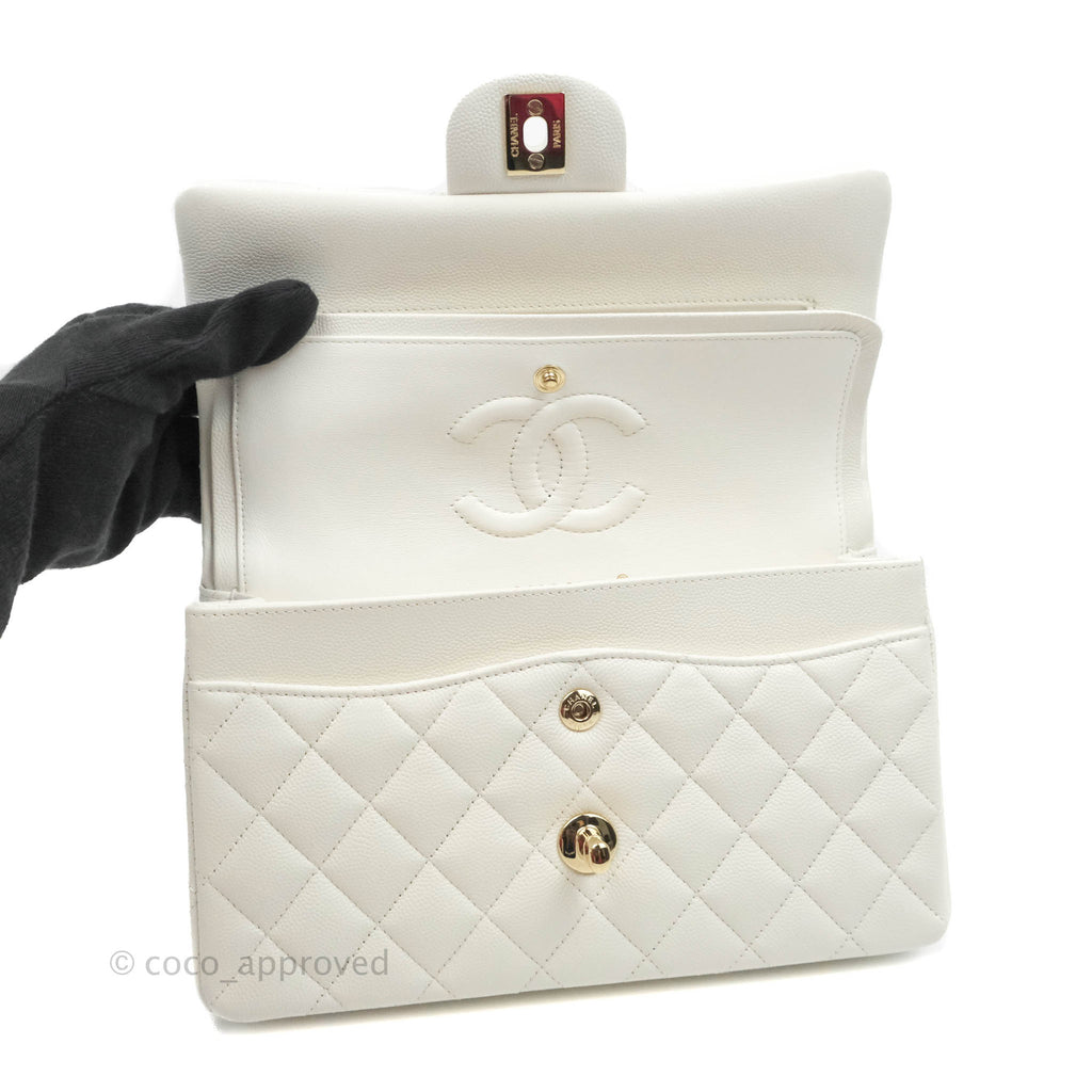 Chanel Small S/M Classic Quilted Flap White Caviar Gold Hardware