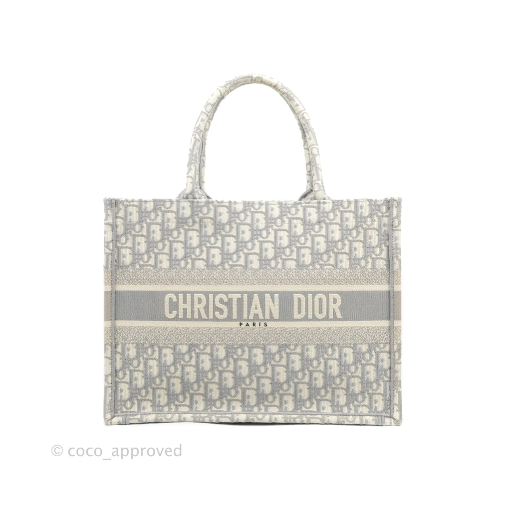 Christian Dior Medium (Old Small) Light Grey Oblique Embroidery Canvas Book Tote