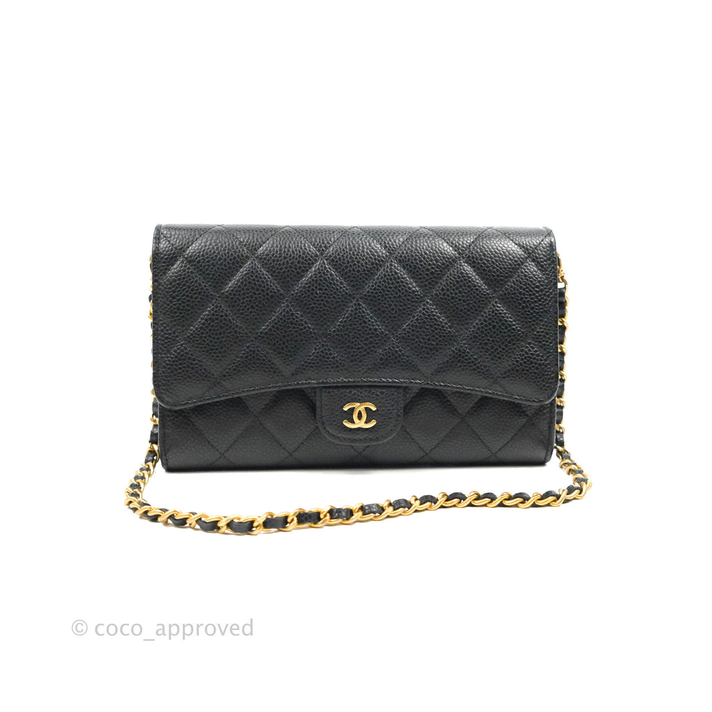 Chanel Quilted Wallet With Chain WOC Black Caviar Gold Hardware
