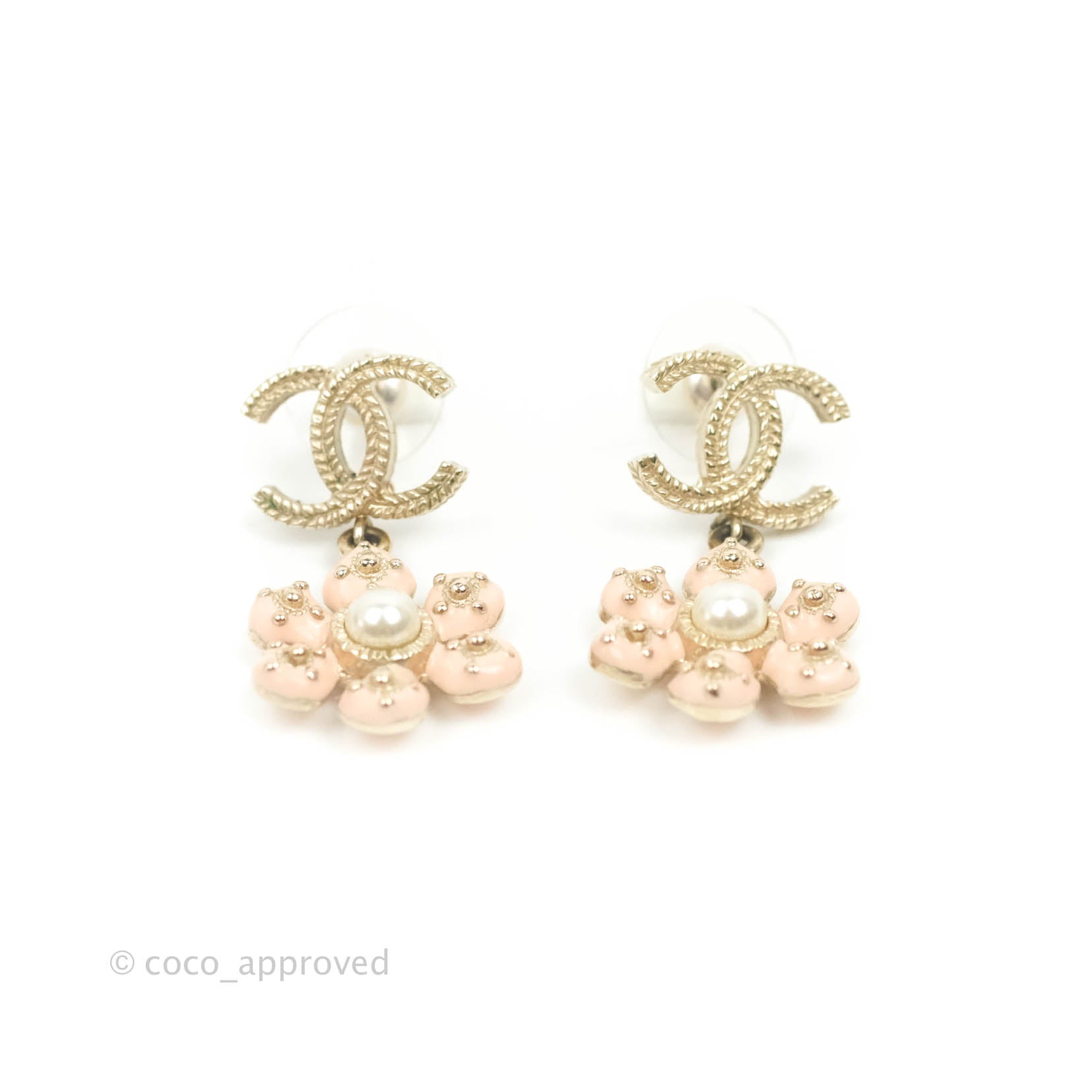 Chanel CC Pearl Flower Drop Earrings Gold Tone 18C