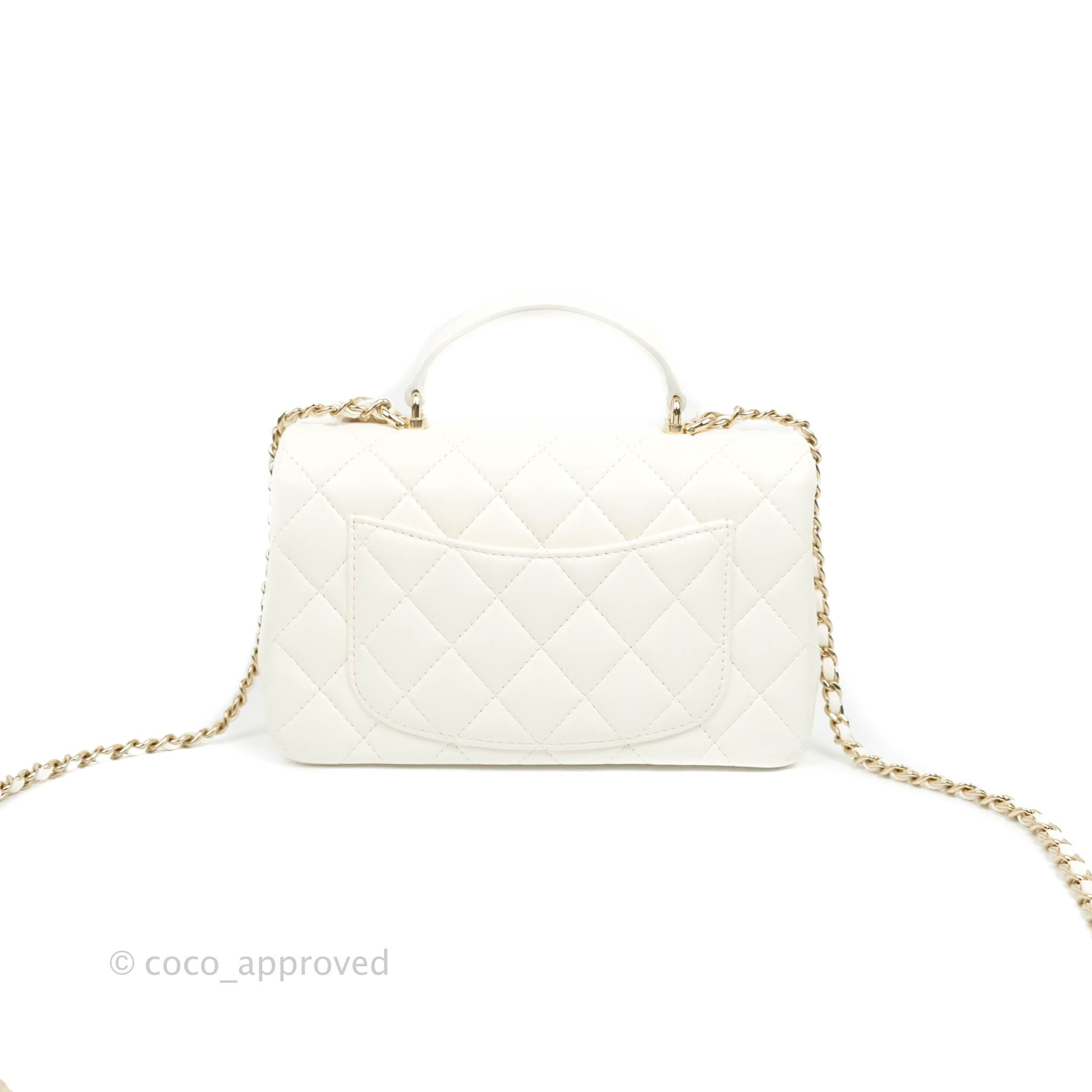 New 23P CHANEL Small Classic Coco Top CHAIN Handle Flap White Caviar Gold  HW Bag