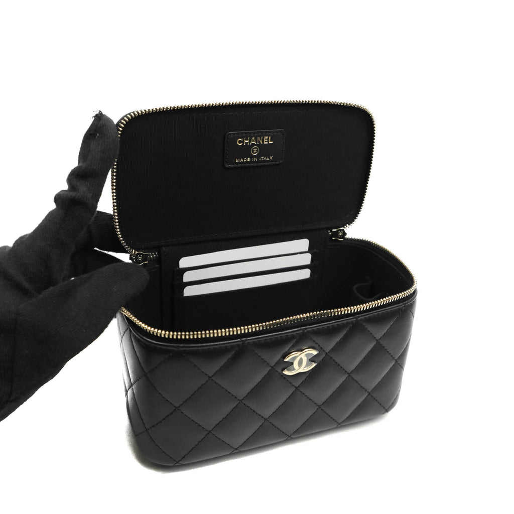 Chanel Classic Vanity Rectangular Top Handle With Chain Black Lambskin Aged Gold Hardware