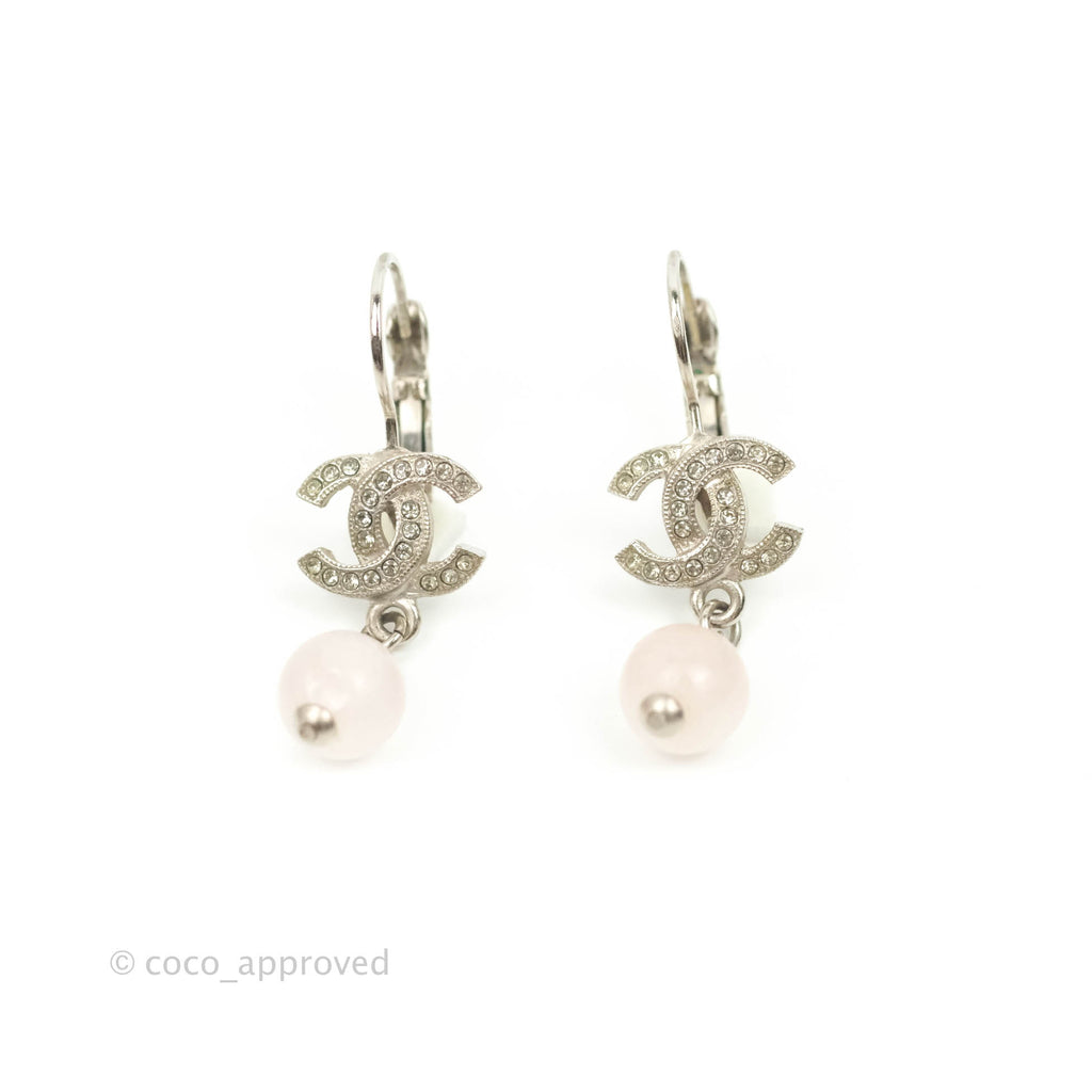 Chanel CC Rhinestone Drop Pink Resin Hoop Earrings Silver Tone 15S