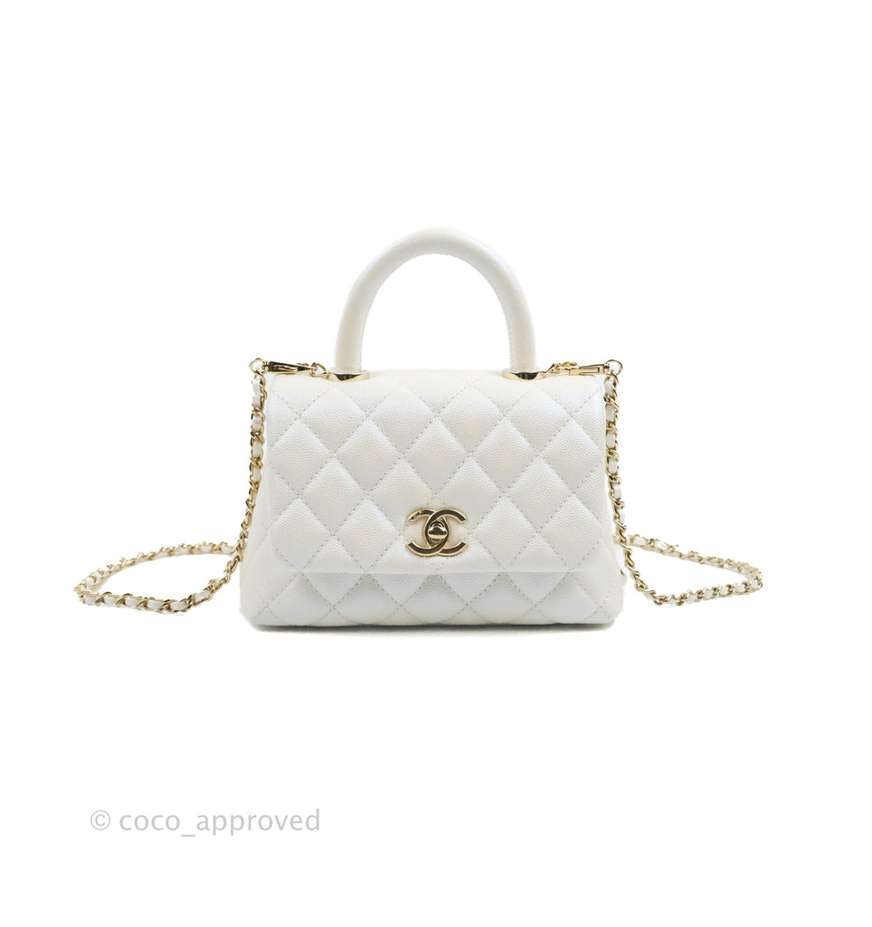 Chanel Mini Coco Handle Quilted Iridescent Pearl White Caviar Gold Hardware