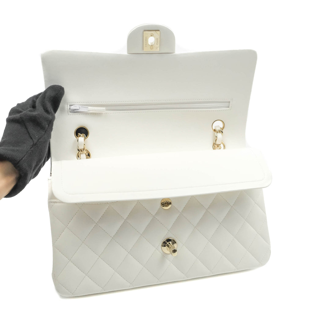 Chanel Quilted M/L Medium Double Flap White Lambskin Gold Hardware