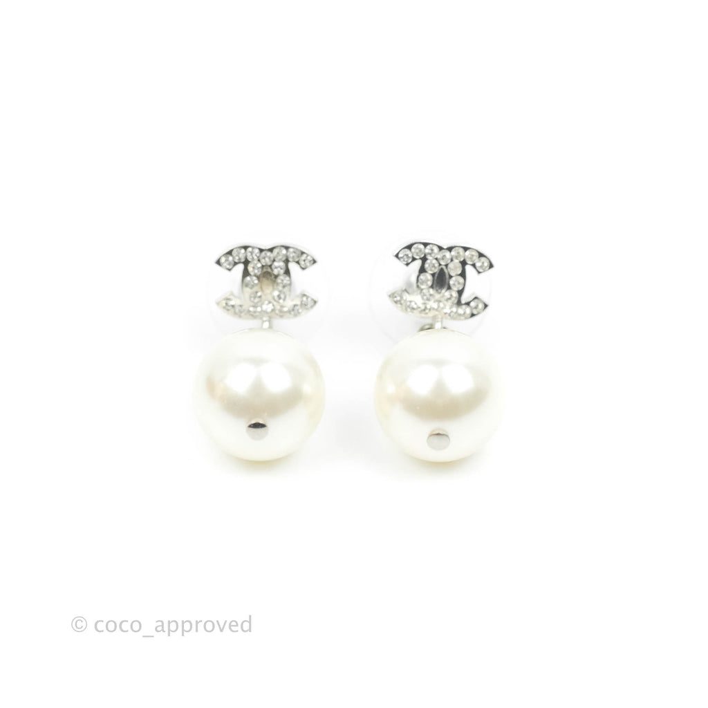 Chanel CC Rhinestone Pearl Drop Earrings Silver Tone 20V