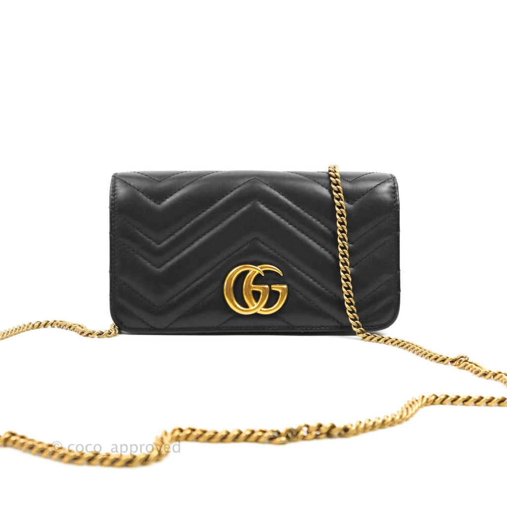 Gucci Matelasse GG Marmont Mini Chain Flap Bag Black Calfskin Gold Hardware
